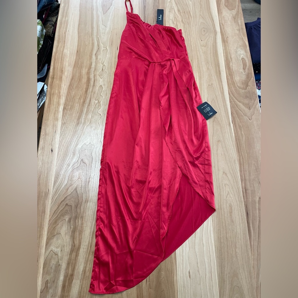 Lulus Satin One Shoulder Satin Red Ruffle Cocktail Dress Sz M Party